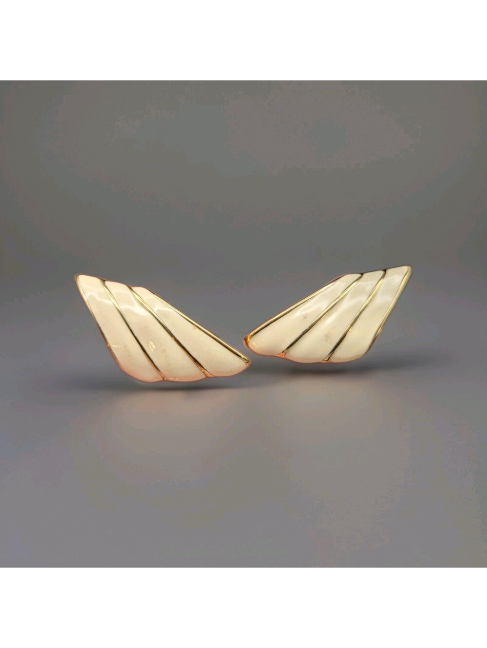 Vintage Monet Gold Tone Cream Enamel  Clip-On Statement Earrings